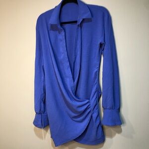 Pretty Little Thing Blue Textured Extreme Plunge Bell Cuff Shirt  Dress